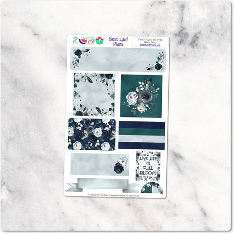 Image of Planner Stickers Travelers Notebook Floral July Navy Silver Teal